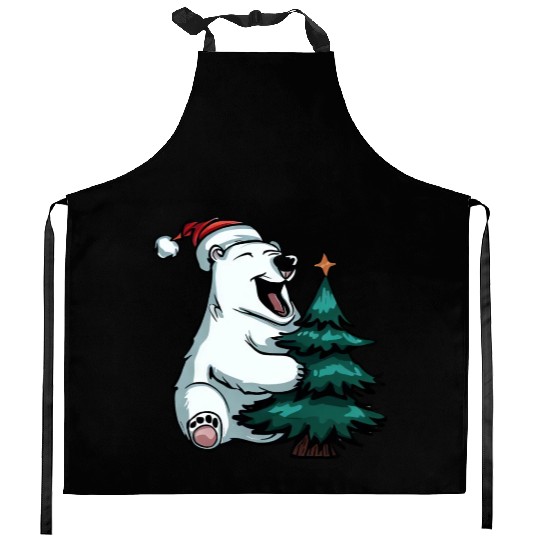 Christmas Polar Bear: Amidst Pines and Stars Kitchen Aprons