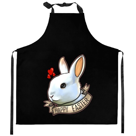 Realistic Happy Easter Bunny Head With Hearts On Kitchen Aprons