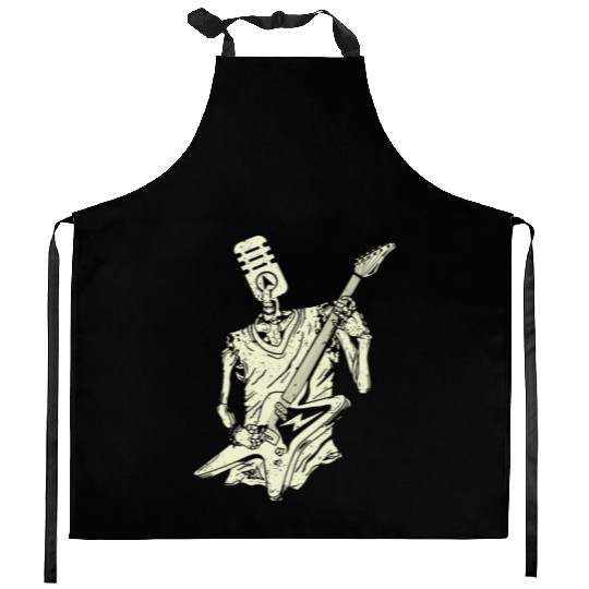 Funny Microphone Skeleton Playing Electric Guitar Kitchen Aprons