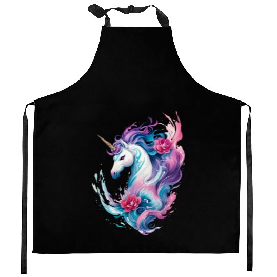 Floral Enchantment: Unicorn in Water Waves Splash Kitchen Aprons