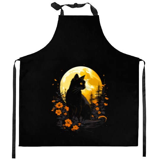 Black cat under the moon and Wild flowers Kitchen Aprons