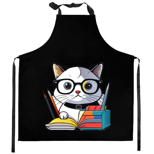 Back to school cat Kitchen Aprons