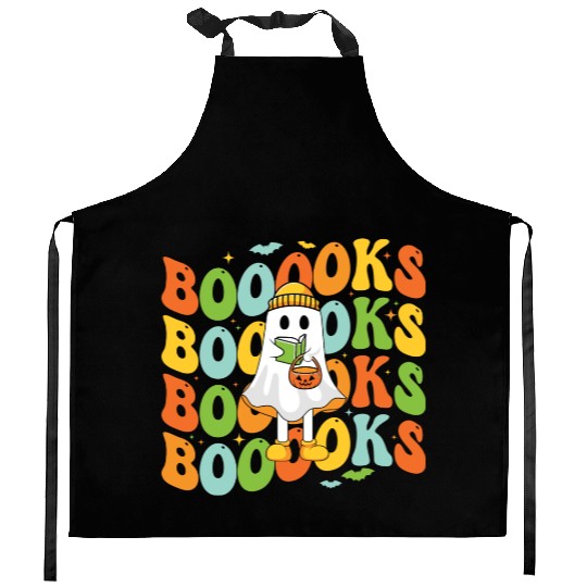 Booooks Cute Ghost Reading A Book Funny Book Lover Kitchen Aprons