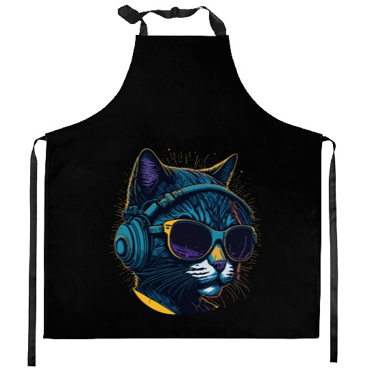 Cool Sunglasses Headphone Galaxy Cat Kitchen Aprons