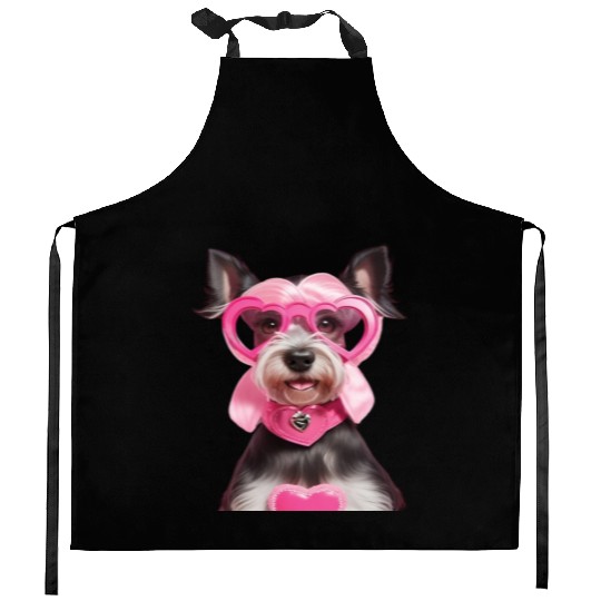 Schnauzer wearing Pink & Silver Heart Kitchen Aprons