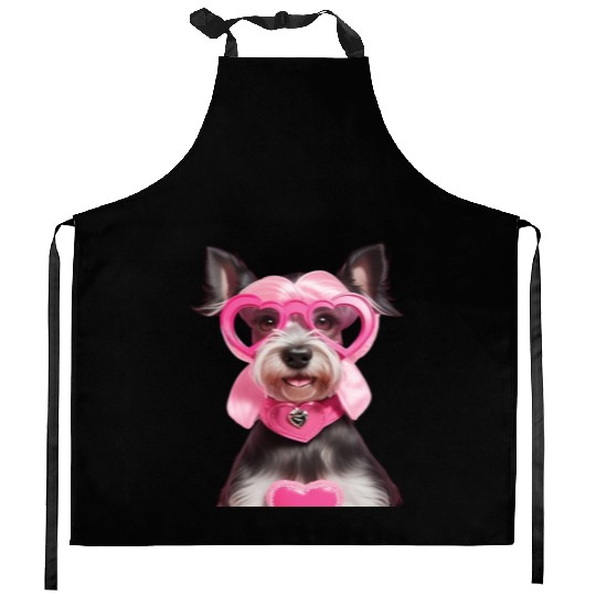 Schnauzer wearing Pink & Silver Heart Kitchen Aprons