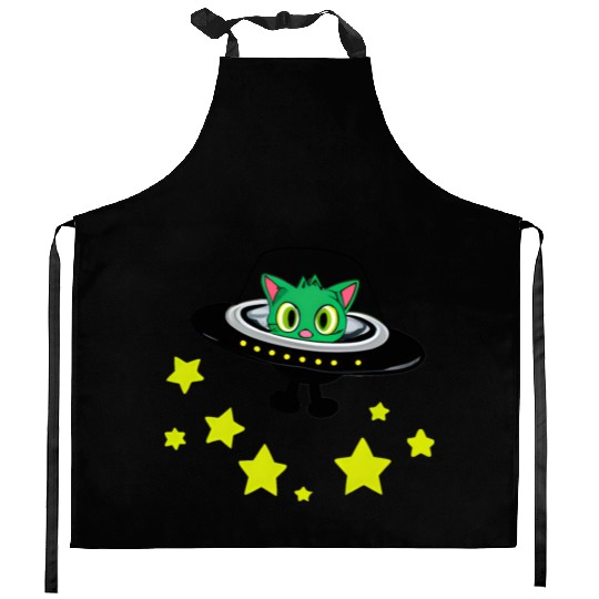 Cat Alien In UFO With Stars Kitchen Aprons