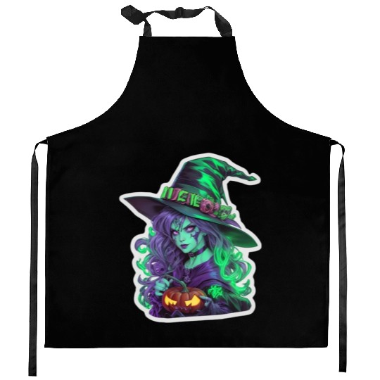 Wicked Witch Halloween Sticker, neon color Kitchen Aprons