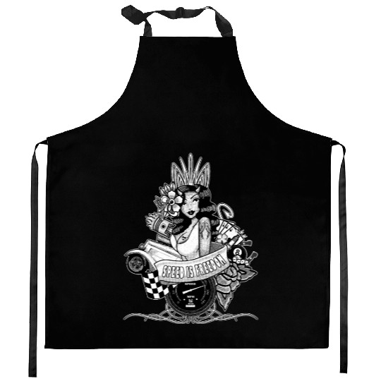 Pin up, Hot rod and Speedometer, black and white Kitchen Aprons