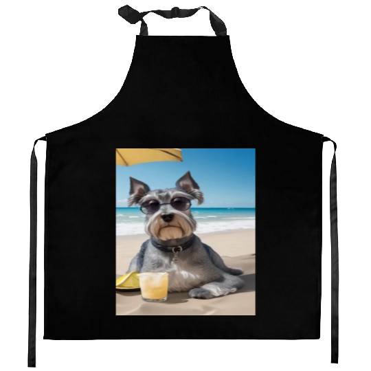 Schnauzer Chilling at Beach with a Drink Kitchen Aprons