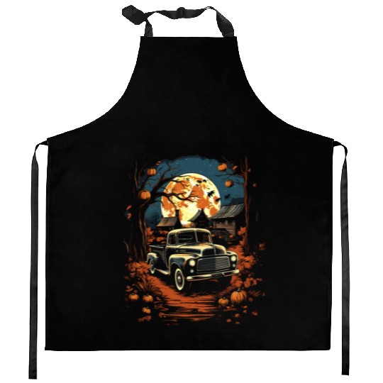 Creepy Old Truck Halloween Haunted Classic Truck Kitchen Aprons