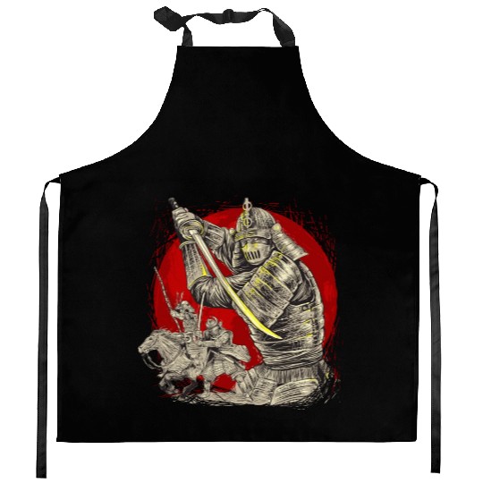 Samurai Silhouette: Duel Under the Crimson Moon Kitchen Aprons