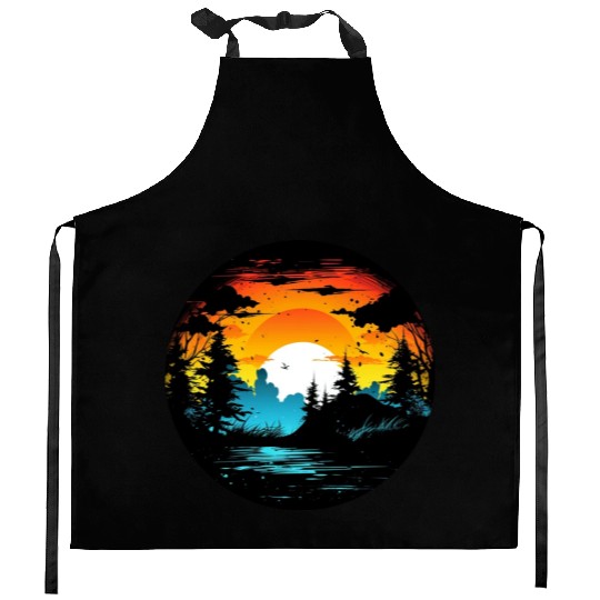 Riverside Twilight in the Forest Kitchen Aprons
