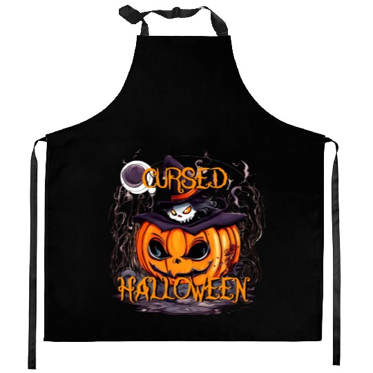 Cursed Halloween scary pumpkin with hat Kitchen Aprons