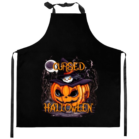 Cursed Halloween scary pumpkin with hat Kitchen Aprons