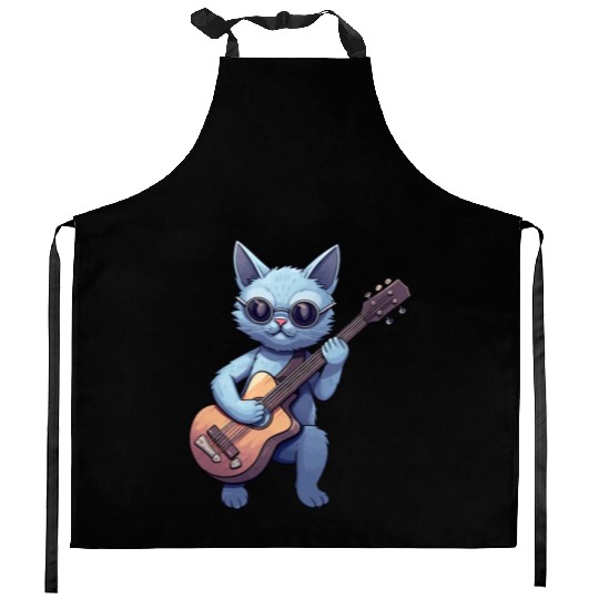 Rock Cat Playing Guitar - Funny Guitar Cat Kitchen Aprons