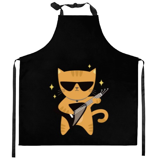 Rock Cat Playing Guitar - Funny Guitar Cat Kitchen Aprons