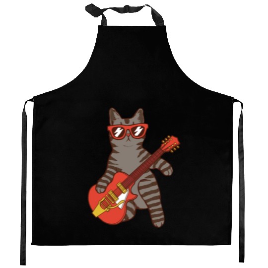Rock Cat Playing Guitar - Funny Guitar Cat Kitchen Aprons