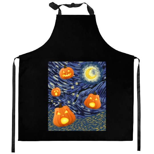 Starry Night with Pumpkins Funny Halloween Art Kitchen Aprons