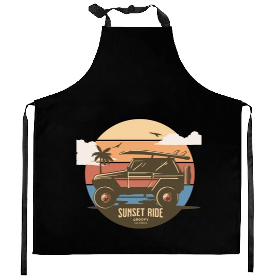 Sunset Ride - Beach Jeep - Groovy California T-Shi Kitchen Aprons