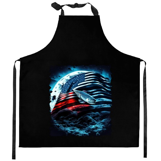 America fish under Moon with American Flag Kitchen Aprons