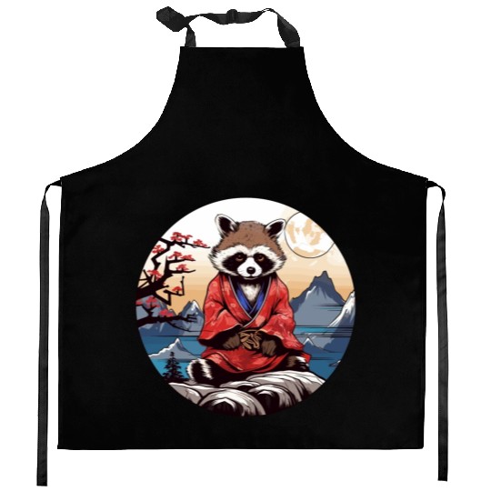 tanuki raccoon dog in kimono in anime style Kitchen Aprons