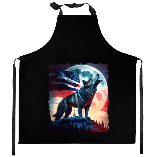 America wolf under Moon with American Flag Kitchen Aprons