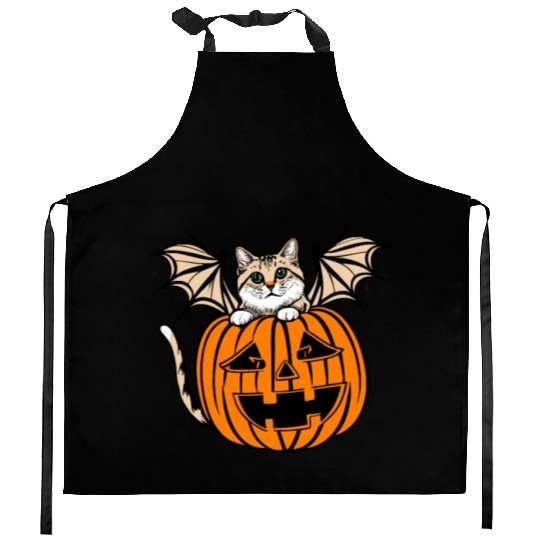Cute Creepy Cat With Bat Wings Funny Halloween Kitchen Aprons