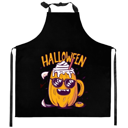 Halloween Funny Pumpkin Lemon Latte Kitchen Aprons