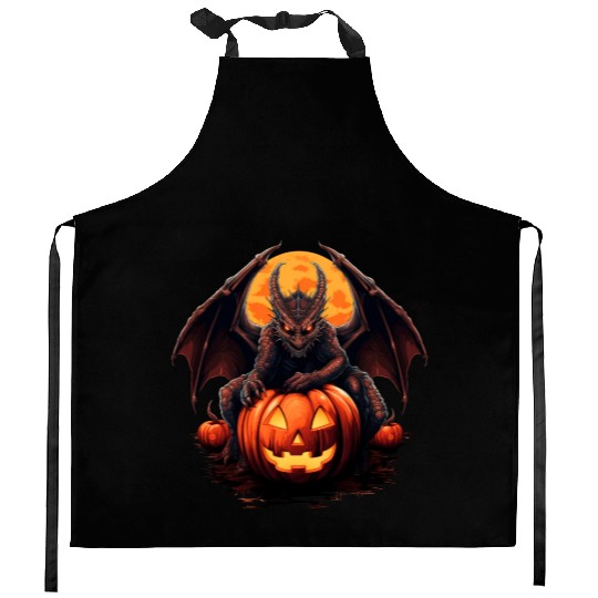 Halloween demon dragon with pumpkin Kitchen Aprons