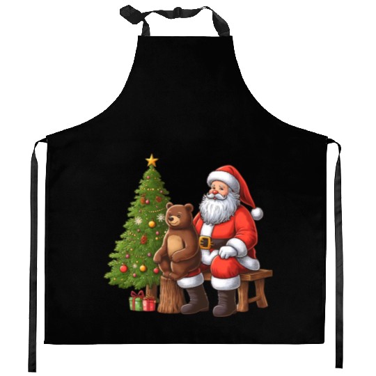 Santa Claus and Bear - Festive Tranquility Kitchen Aprons
