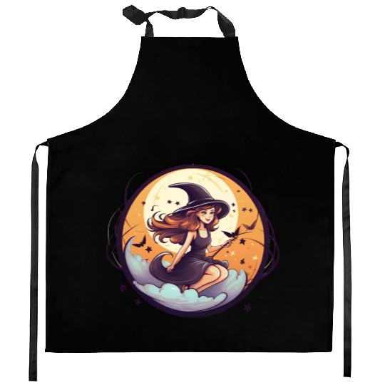 cartoon halloween witch Kitchen Aprons