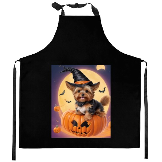 halloween yorkshire in a pumpkin Kitchen Aprons