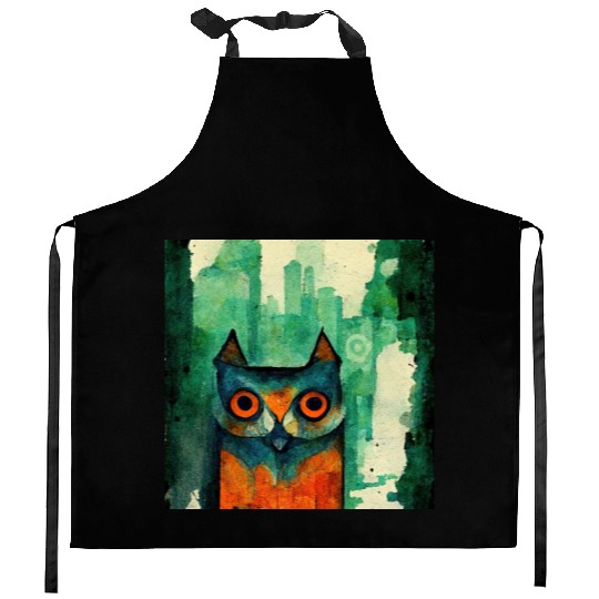 Mod Owl: Watercolor CIty Owl Kitchen Aprons