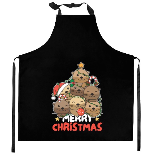 Otter Christmas Tree Merry Christmas Kitchen Aprons
