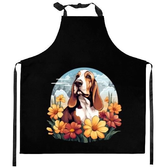 Basset Hound Mountain Flower Cute Colorful Puppy Kitchen Aprons