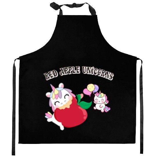 Funny Unicorn Hungry Eat a Red Apple Day Kitchen Aprons