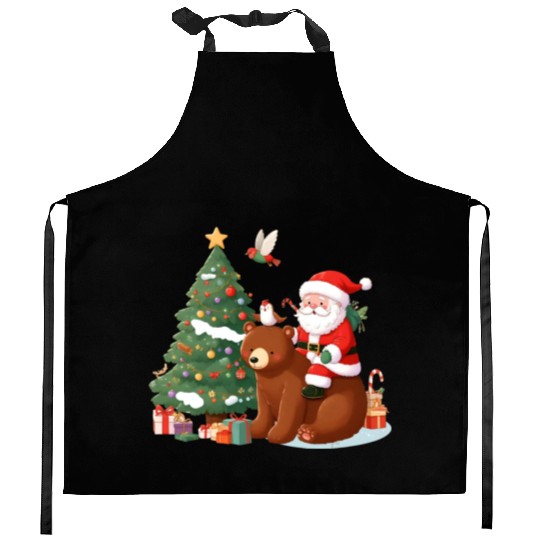 Santa Claus and Bear - Festive Tranquility Kitchen Aprons