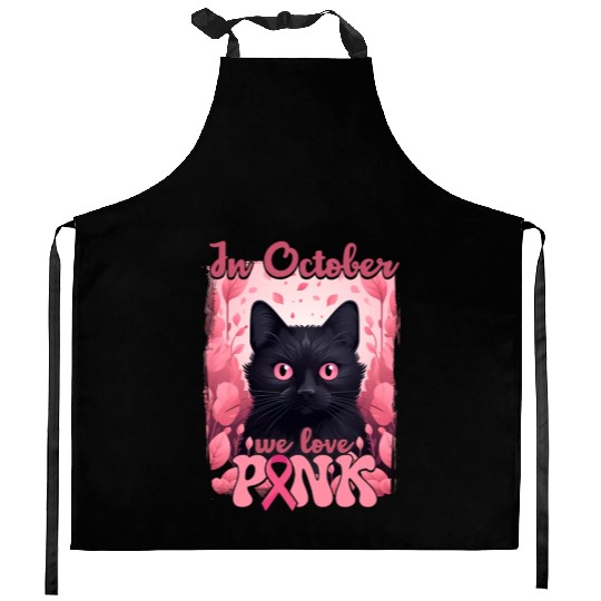 in october we love pink floral cat flower breast Kitchen Aprons