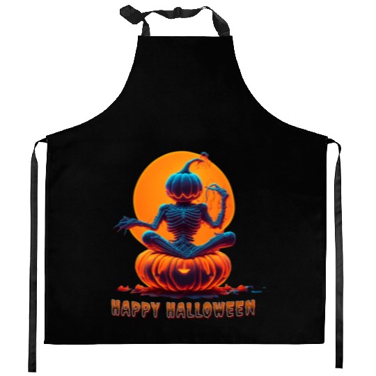 Creepy Meditating Skeleton Happy Halloween Pumpkin Kitchen Aprons
