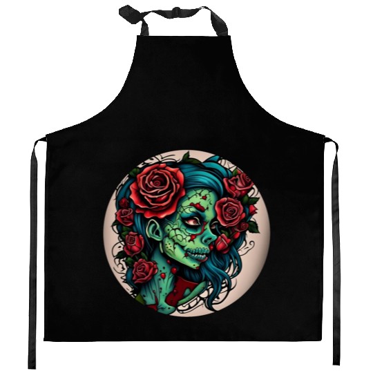 Zombie Girl / Halloween / creepy / green / Comic Kitchen Aprons
