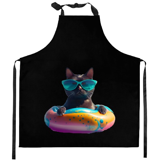 Black Cat Wearing Sunglasses in Float Kitchen Aprons
