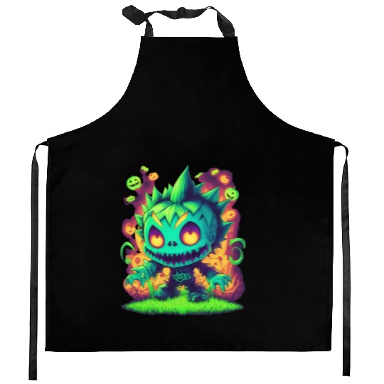 Green monster cute halloween Kitchen Aprons