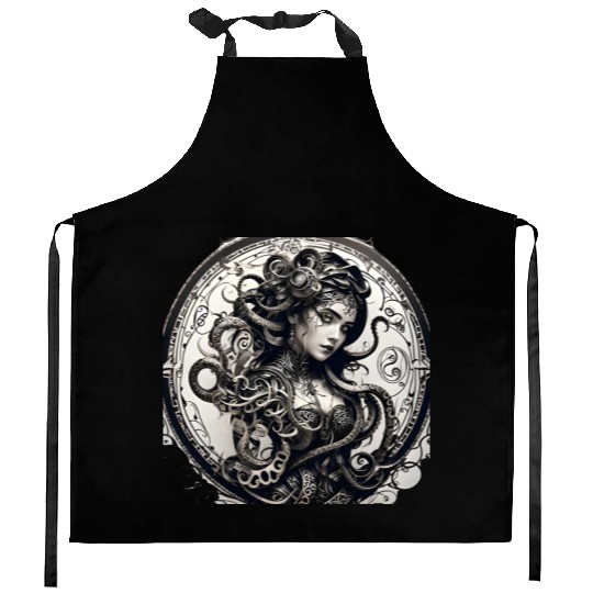 T Tattoo black lines an octopus wrapped Kitchen Aprons