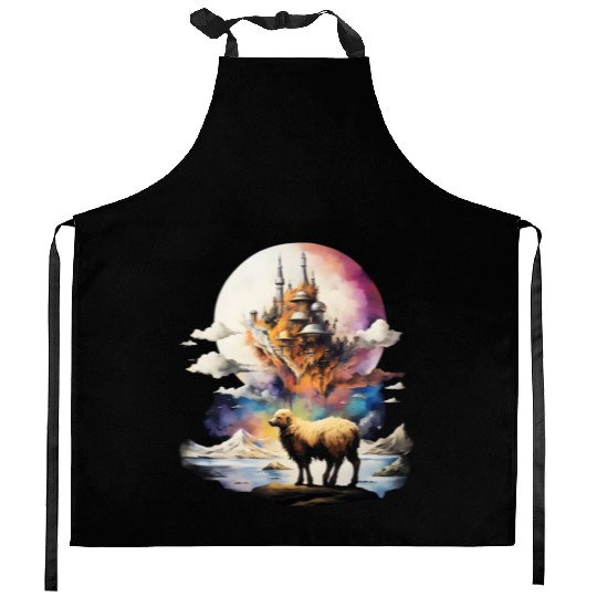 Retro Celestial Moon Sheep Adventure Kitchen Aprons