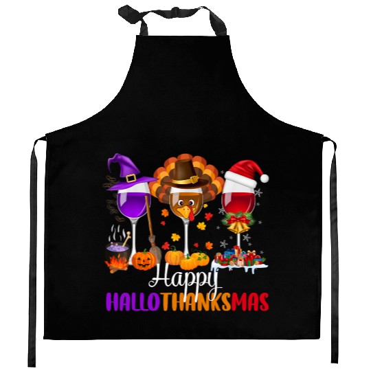 Happy Hallothanksmas Wine Glasses Drinking Lover Kitchen Aprons