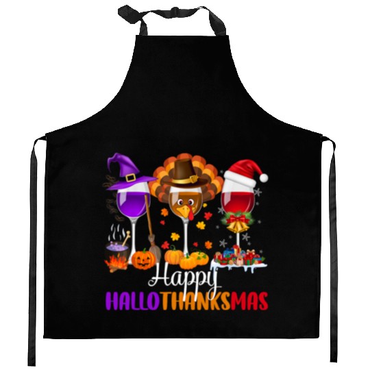 Happy Hallothanksmas Wine Glasses Drinking Lover Kitchen Aprons