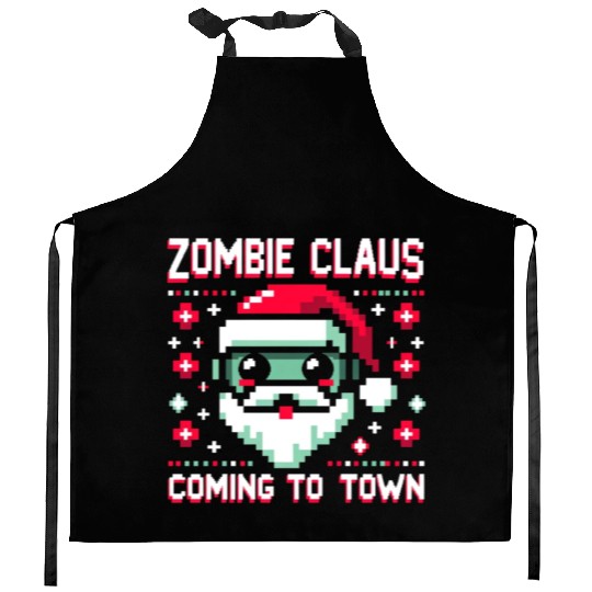 Zombie Claus - Undead Santa with an 8bit Twist Kitchen Aprons