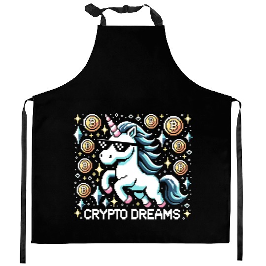 Crypto Dreams - 8-bit Unicorn Amidst Digital Coins Kitchen Aprons