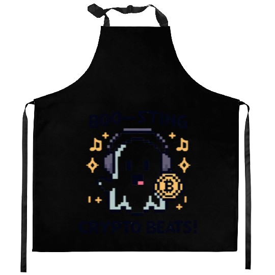 Quirky 8-Bit Ghost with Crypto Beats - Halloween Kitchen Aprons